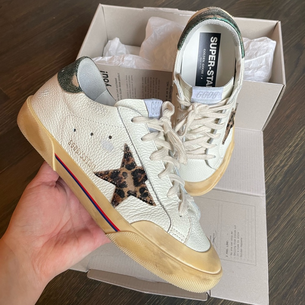 *SOLD* Golden Goose Superstar Penstar 37 cream drummed leather with leopard star